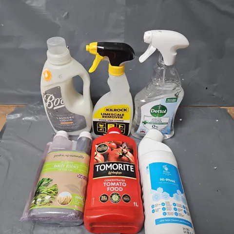 BOX OF ASSORTED HOUSEHOLD ITEMS TO INCLUDE LIMESCALE REMOVER, DETOL AND TOMORITE