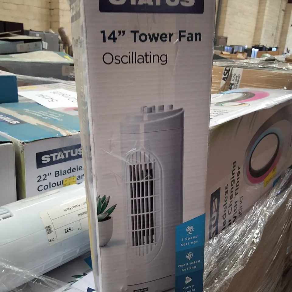 PALLET CONTAINING LARGE QUANTITY OF RETURN STATUS 22" BLADELESS COLOUR CHANGING FANS WITH TIMER & 14" TOWER FANS