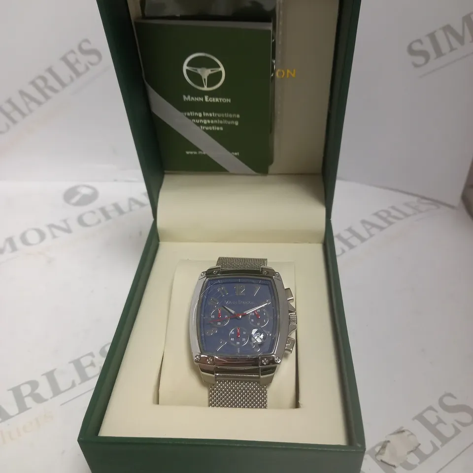 BOXED MANN EGERTON IMPACT STEEL BLUE DIAL MESH STRAP WATCH 