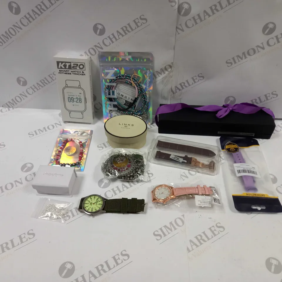 BOX TO CONTAIN APPROX. 25 X ASSORTED ITEMS OF JEWELLERY. INCLUDES WATCHES, NECKLACES, PINS, BANDS ETC 