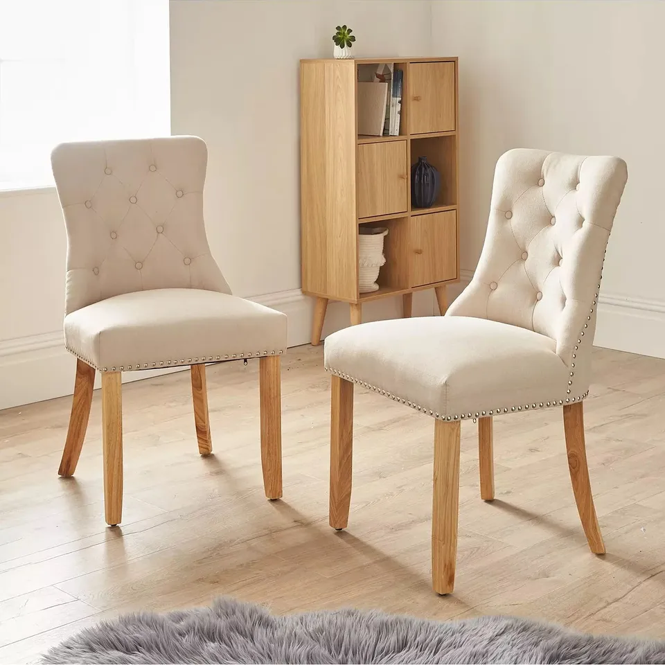 BOXED WARWICK CHENILLE PAIR OF STANDARD DINING CHAIRS IN NATURAL/OAK RRP £199