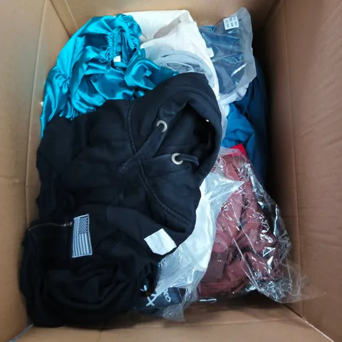 LARGE BOX OF APPROXIMATELY 25 ASSORTED CLOTHING ITEMS IN VARIOUS COLOURS, STYLES AND SIZES - COLLECTION ONLY