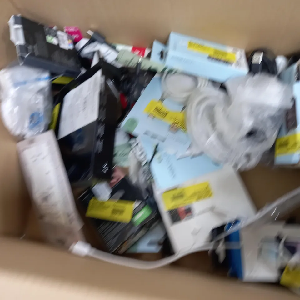 BOX OF APPROXIMATELY 20 ASSORTED ELECTRICALS TO INCLUDE ONE FOR ALL REMOTE, WIRELESS HEADPHONES, DAB+/RADIO, ETC