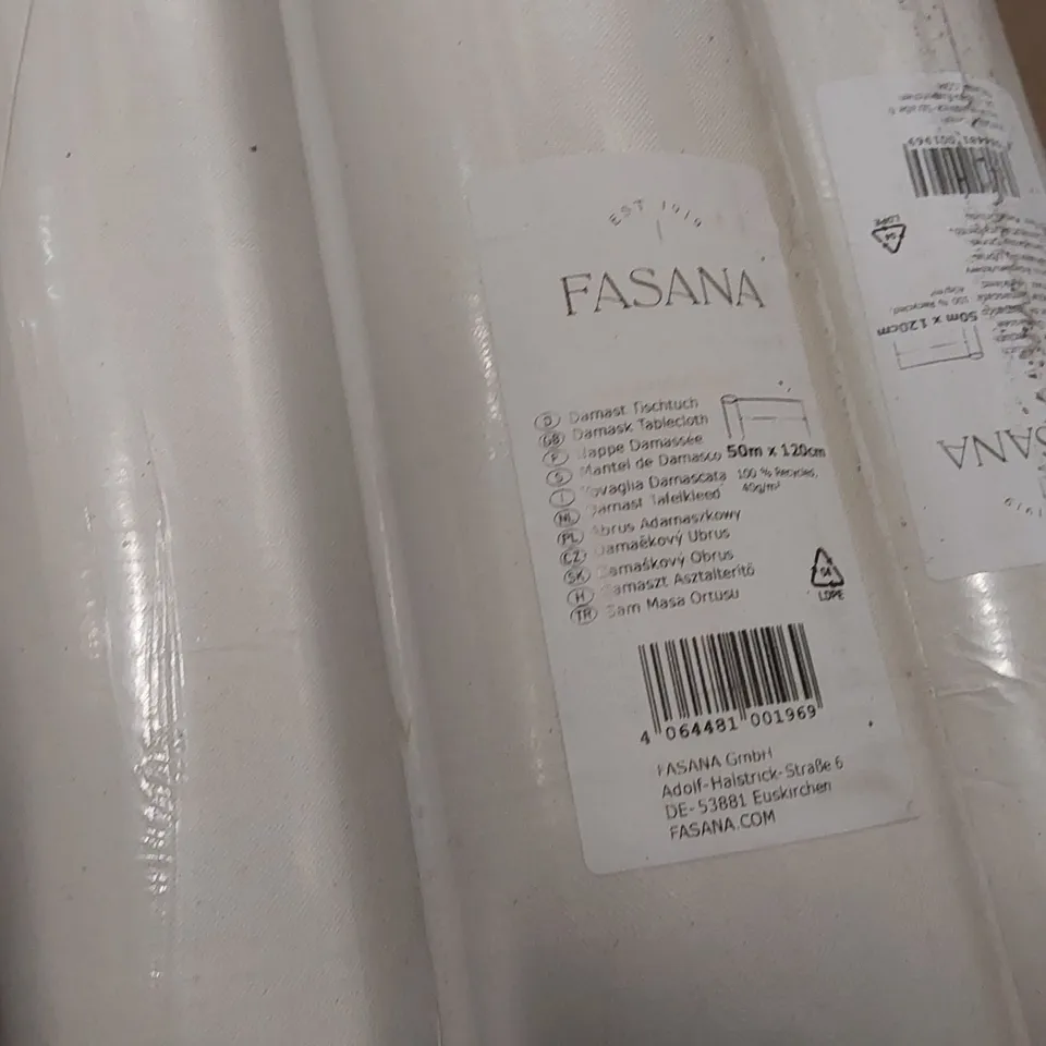 BOX CONTAINING 6x BRAND NEW FASANA PRO WHITE DAMASK BANQUET ROLLS 120CM x 50M