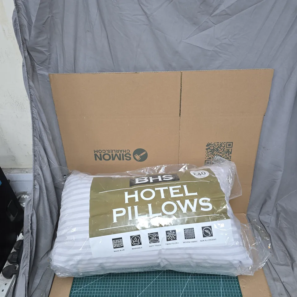 BHS HOTEL PILLOWS – WHITE STRIPED PILLOWS IN ORIGINAL PACKAGING