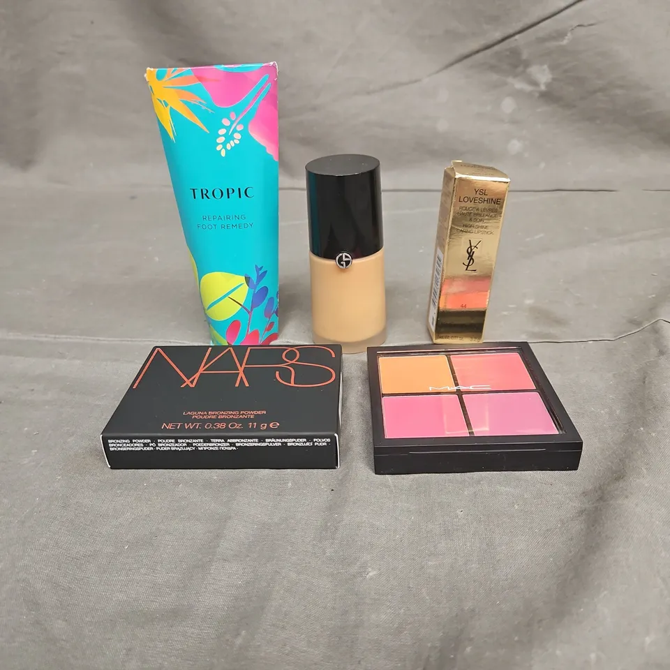 LOT OF 5 ASSORTED COSMETIC PRODUCTS TO INCLUDE - NARS LAGUNA BRONZING POWDER - MAC BRIGHT BLUSH PALETTE - GIORGIO ARMANI LUMINOUS SILK FOUNDATION IN 5.75 - ETC