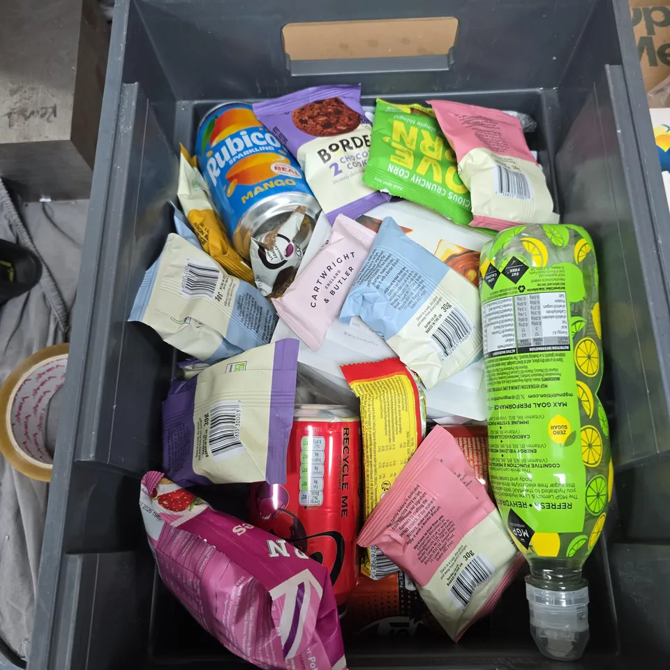 TOTE OF APPROXIMATELY 10 ASSORTED FOOD AND DRINK ITEMS TO INCLUDE: ALPEN MUESLI 