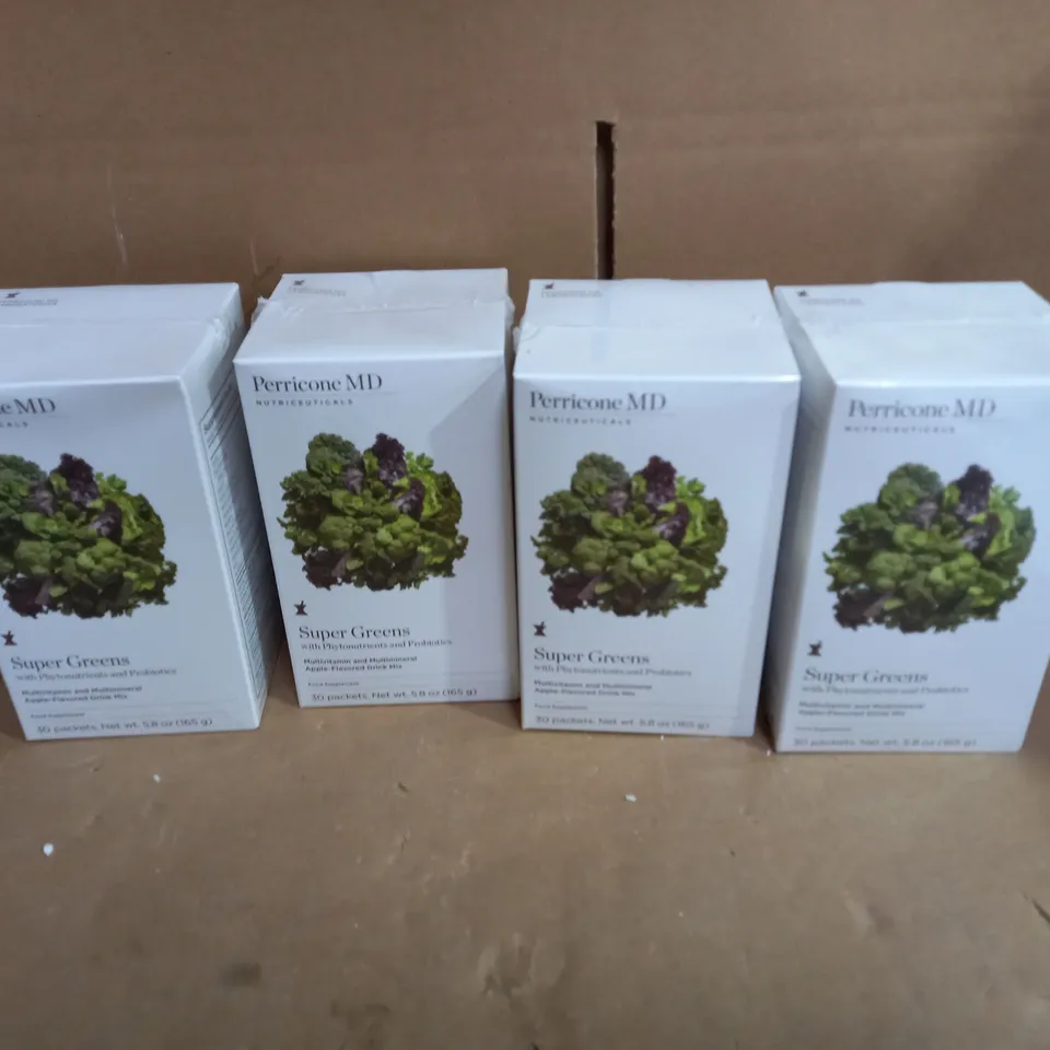 LOT OF 4 PERRICONE MD SUPER GREENS DIETARY SUPPLEMENTS, 30 PACKETS PER BOX