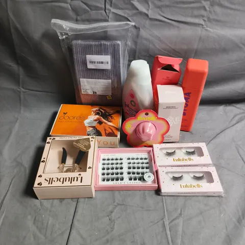APPROXIMATEY 20 ASSORTED HEALTH AND BEAUTY PRODUCTS TO INCLUDE - LULUBELLS FALSE EYELASHES - BYOMA HYDRATING MILKY TONER - BUBBLE MOON WALK GENTLE EXFOLIATING SERUM - ETC