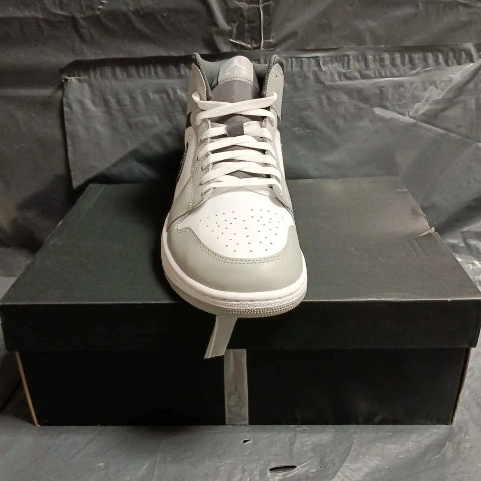 BOXED PAIR OF NIKE AIR JORDAN 1 MID SHOES IN GREY/WHITE/BLACK SIZE UK 11