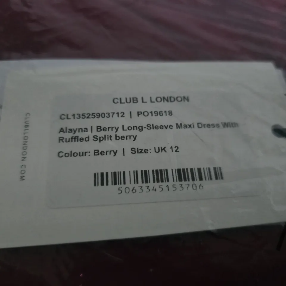 CLUB LONDON ALAYNA BERRY LONG-SLEEVE MAXI DRESS, UK 12