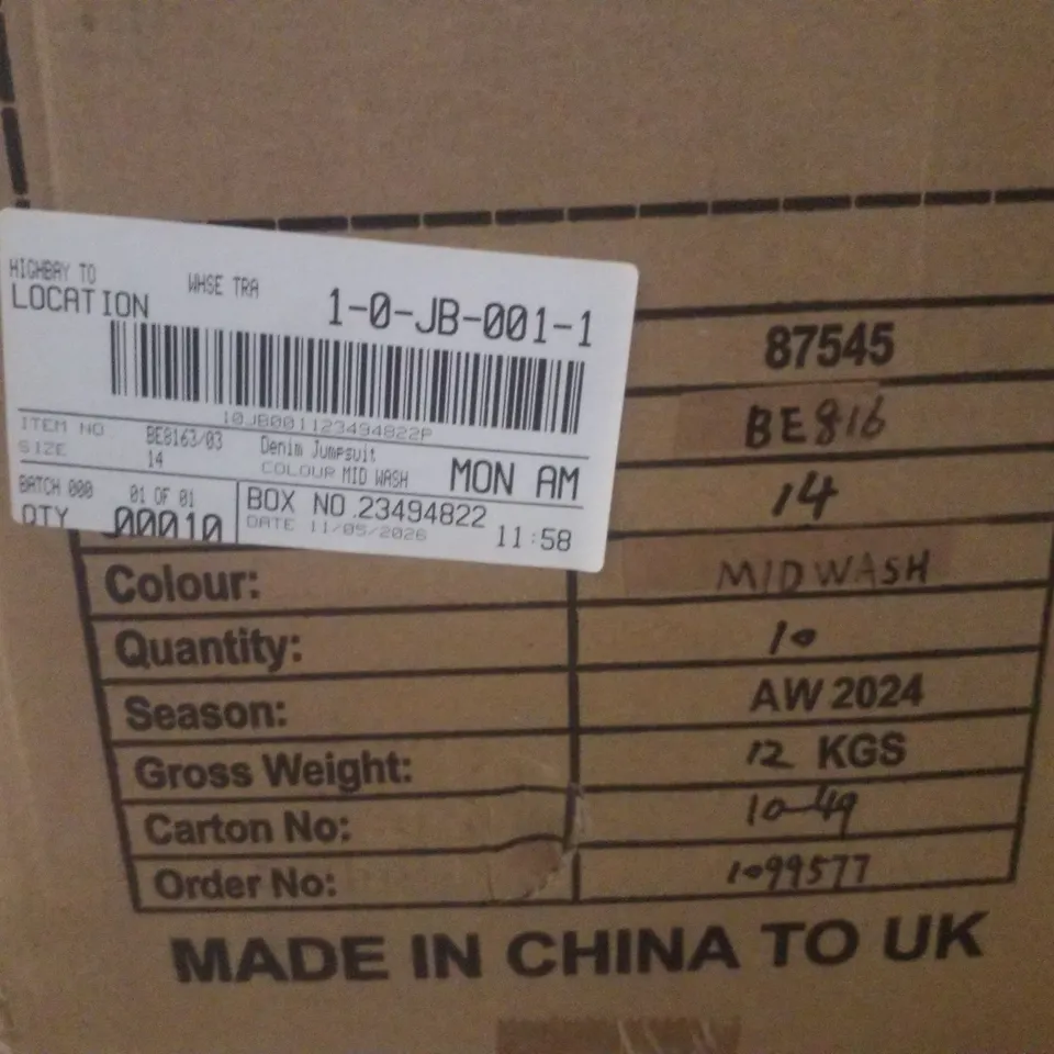 BOX CONTAINING APPROXIMATELY 10 BRAND NEW SIMPLY BE DENIM MID WASH JUMPSUITS - SIZE 14
