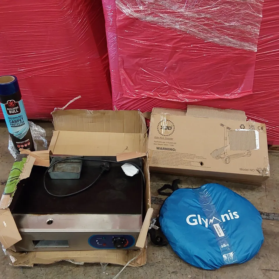PALLET OF ASSORTED HOMEWARE AND CONSUMER PRODUCTS TO INCLUDE; ELECTRIC GRIDDLE, KID'S KICK SCOOTER, POP UP TENT, CARPET PROTECTOR ECT.