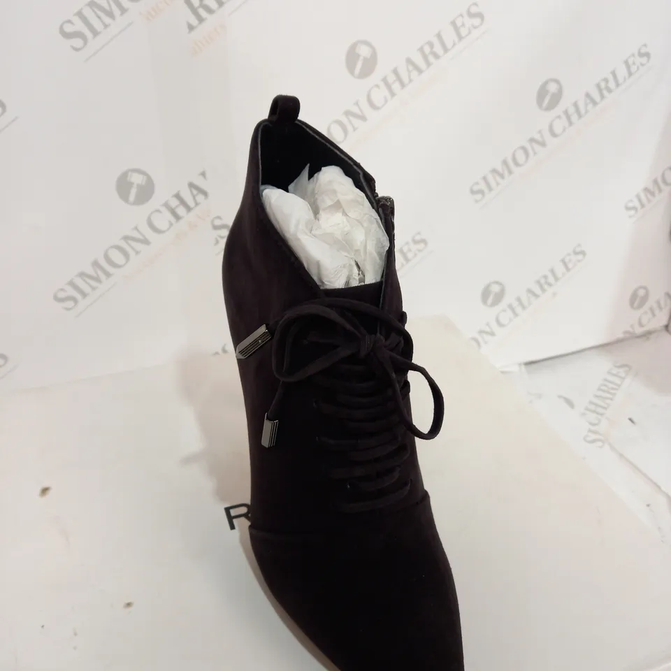 BOXED REISS SUEDE CHOCOLATE BOOT HEELS - SIZE 5