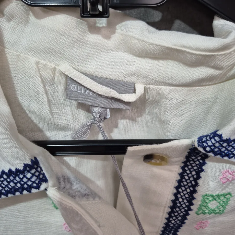 OLIVER BONAS EMBROIDERED SLEEVELESS BLOUSE – IVORY/WHITE WITH BLUE TRIM, UK SIZE 16 .