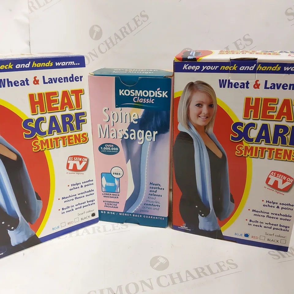 LOT OF 3 ITEMS INCLUDING 2 HEAT SCARF (BLACK AND BLUE), KOSMODISK SPINE MASSAGER