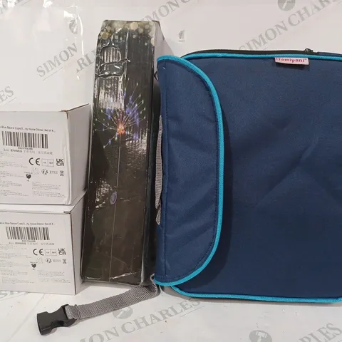 BOX OF APPROXIMATELY 20 ASSORTED HOUSEHOLD ITEMS TO INCLUDE CERAMIC BLUE SAUCE CUPS, STARBURST STAKE LIGHTS, MAMIYANI BAG IN BLUE, ETC