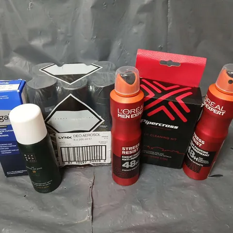 APPROXIMATELY 15 ASSORTED AEROSOLS TO INCLUDE LYNX DEODORANT, REGAINE FOAM, PIPERCROSS FILTER CLEANING KIT, ETC