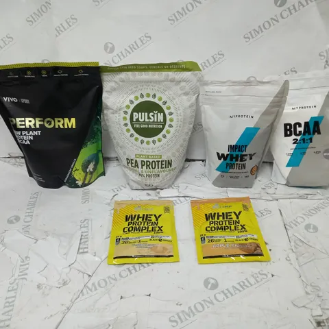 6 HEALTH SEEKING GOODS TO INCLUDE VIVO PERFORM RAW PLANT PROTEIN & BCAA, MYPROTEIN IMPACT WHEY, AND PULSIN PEA PROTEIN ETC.