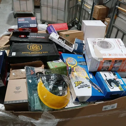 PALLET OF ASSORTED ITEMS INCLUDING AIR COMPRESSOR , WOODEN CHOPPING BOARD AND TACWISE HAND TACKER 