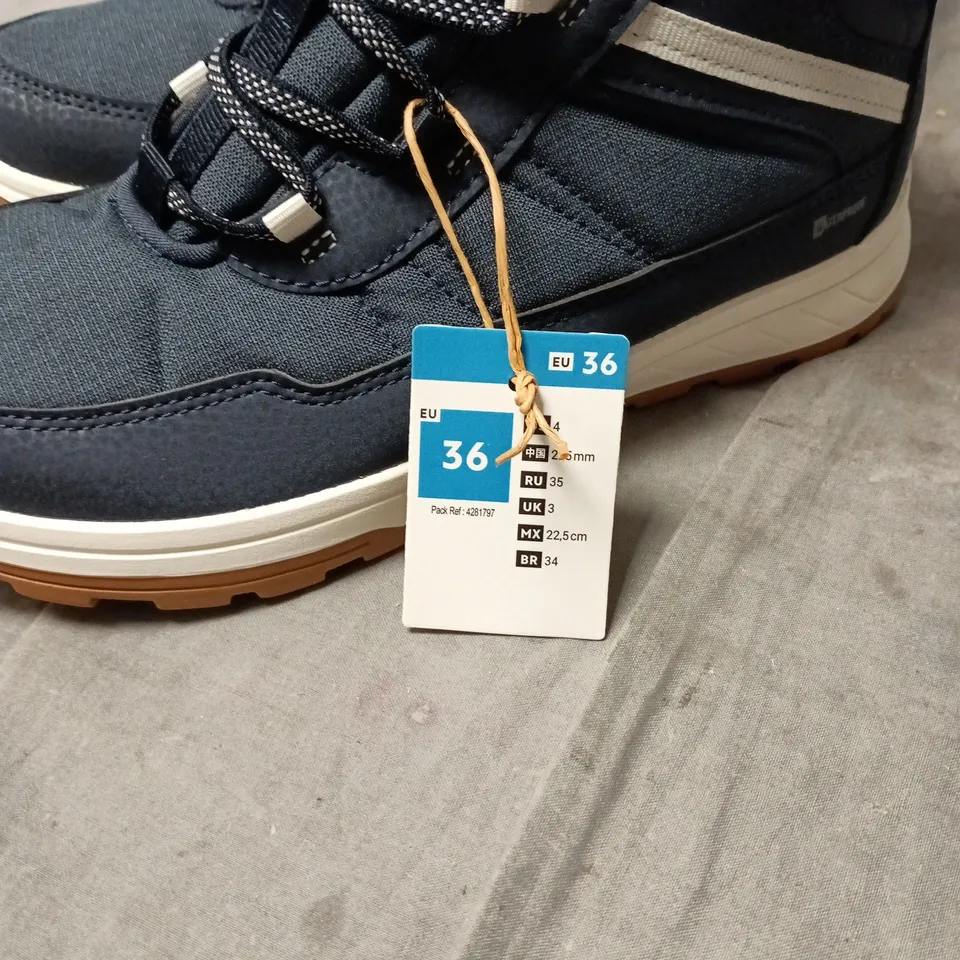 QUECHUA WATERPROOF HIKING BOOTS, NAVY, UK 3 (EU 36) BOXED