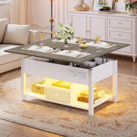 BOXED YITAHOME LIFT TOP COFFEE TABLE WITH DRAWERS - GREY/WHITE (1 BOX)