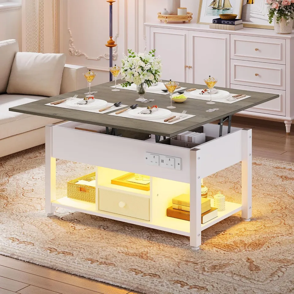 BOXED YITAHOME LIFT TOP COFFEE TABLE WITH DRAWERS - GREY/WHITE (1 BOX)