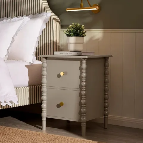 BOXED DUSK BONNIE BOBBIN 2 DRAWER BEDSIDE TABLE - TAUPE