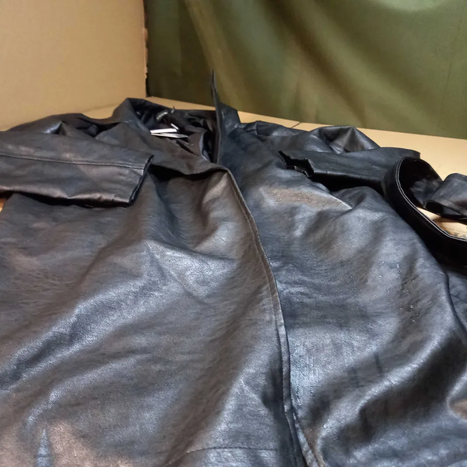 PRETTYLITTLETHING BLACK FAUX LEATHE TIE WAIST SHACKET - SIZE 8
