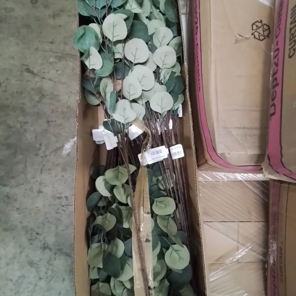 PALLET CONTAINING 4 BOXES OF X4 PLAIN EYELET CURTAINS, APPROXIMATELY 15 BOXES OF FAUX EUCALYPTUS PLANTS