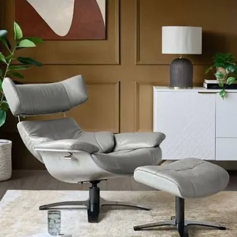 BOXED DANETTI KARMA NATURAL GREY LEATHER SWIVEL RECLINER ACCENT CHAIR AND FOOTSTOOL (2 BOXES)