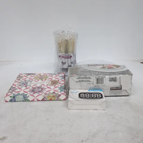 BOX OF APPROXIMATELY 20 ASSORTED ITEMS TO INCLUDE KIRKLAND PLASTIC PLATES, PRIME CUTLERY SET, CLOCK ETC