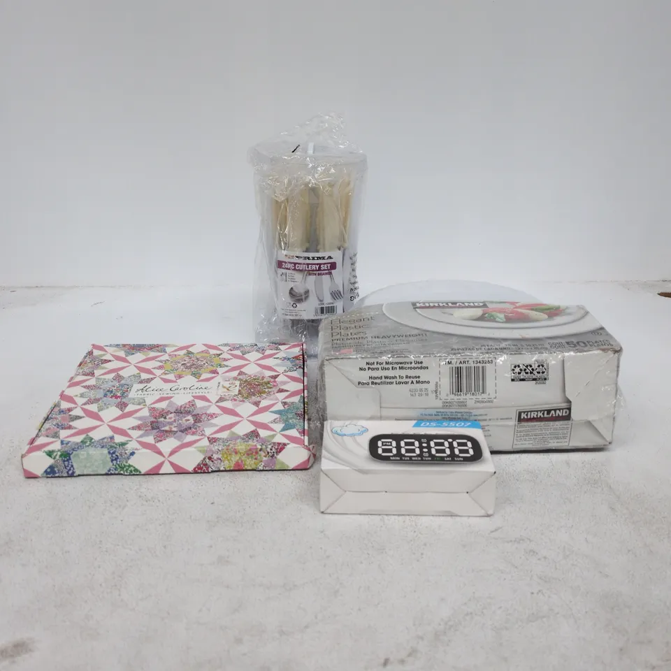 BOX OF APPROXIMATELY 20 ASSORTED ITEMS TO INCLUDE  KIRKLAND PLASTIC PLATES, PRIME CUTLERY SET, CLOCK ETC