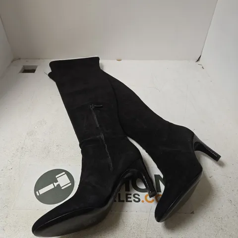 TORY BURCH OVER-THE-KNEE STRETCH SUEDE BOOTS – BLACK, 80MM HEEL, UK 9