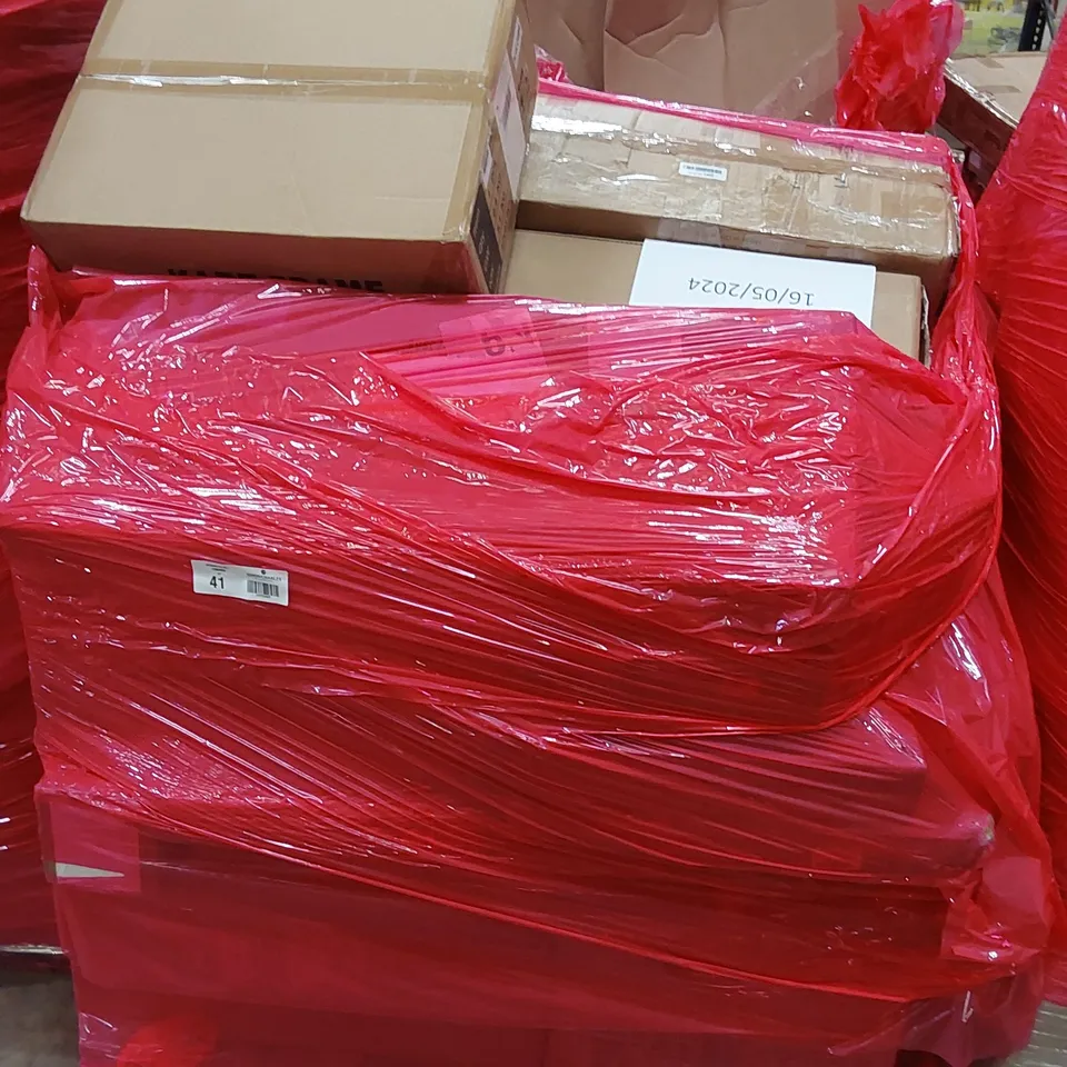 LARGE PALLET OF ASSORTED HOUSEHOLD PRODUCTS TO INCLUDE; KART FRAME, NICEHILL STORAGE DRESSER TOWER, CARPET PROTECTOR AND DREAM PAIRS SHOES
