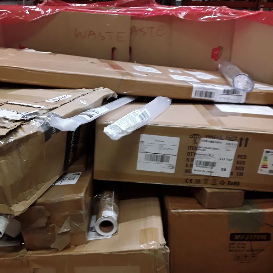 PALLET OF ASSORTED HOUSEHOLD GOODS AND PRODUCT TO INCLUDE; ELECTRIC CLOTHING DRYER, 90 LITRE EASY EMPTY LAUNDRY BASKET, BATH & SHOWER GRAB BAR, WINDOW BLIND ETC 