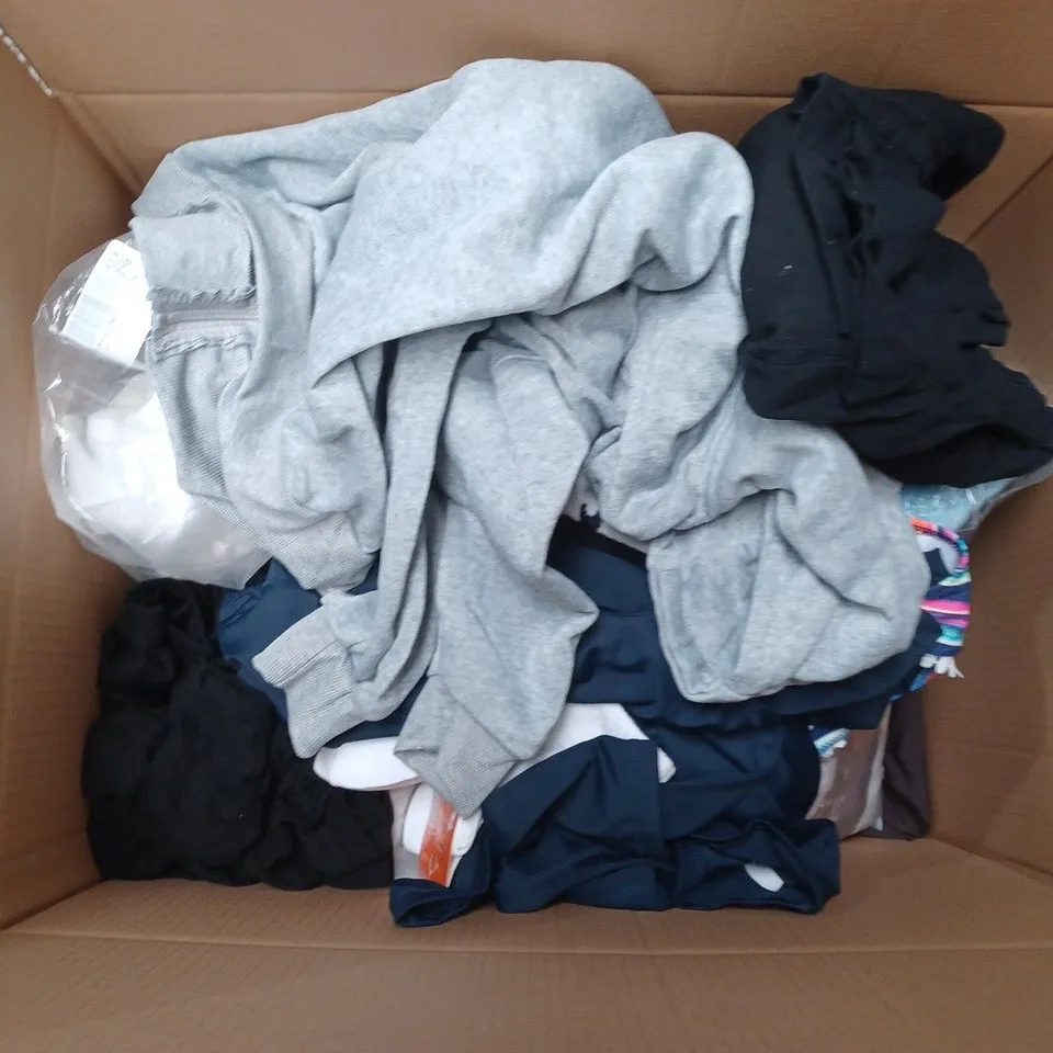 BOX OF ASSORTED CLOTHING ITEMS IN VARIOUS COLOURS, SIZES AND STYLES