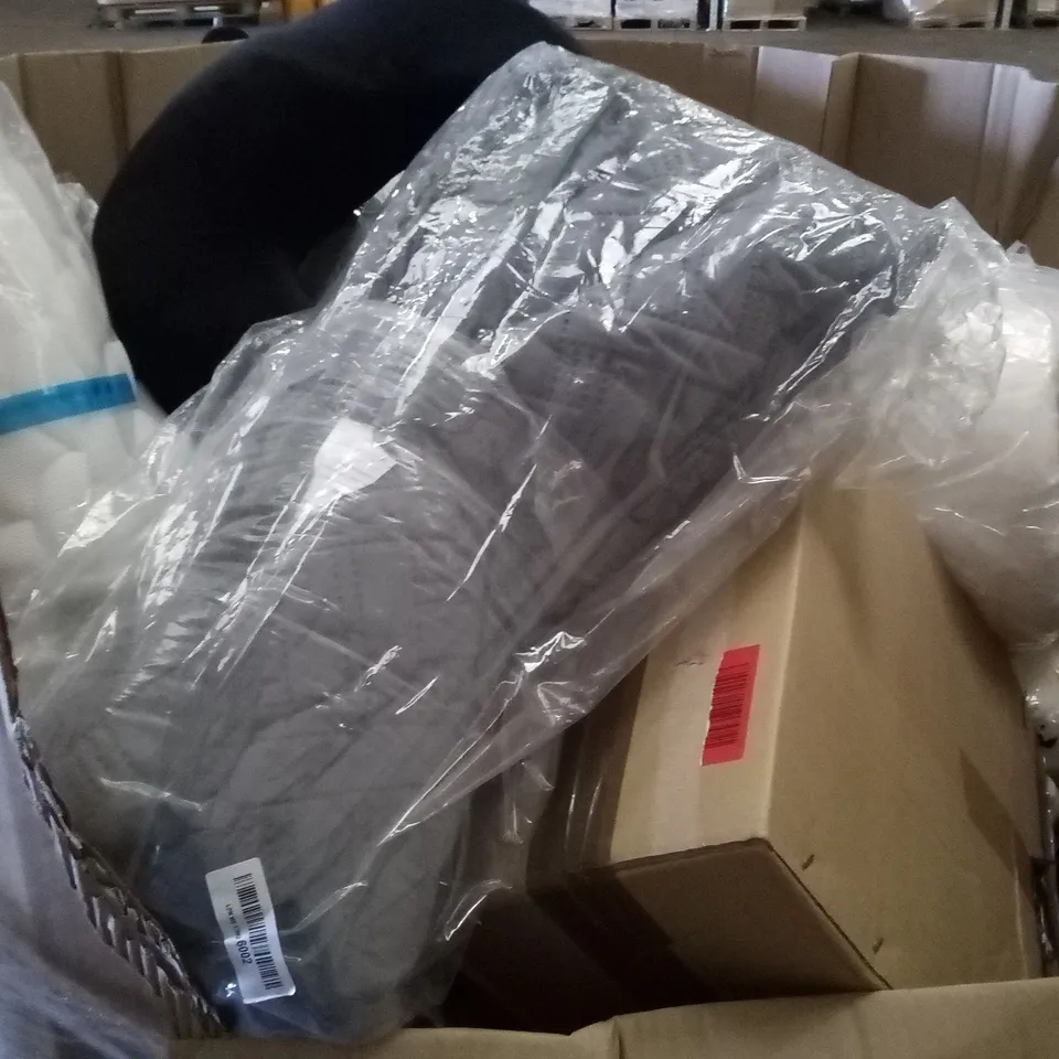 PALLET OF ASSORTED ITEMS INCLUDING BOXING GLOVES, BIKE SEAT COVER, YOGA BALANCE PAD, NOS PLUSH, LEG ELEVATION PILLOW, SEAT CUSHION