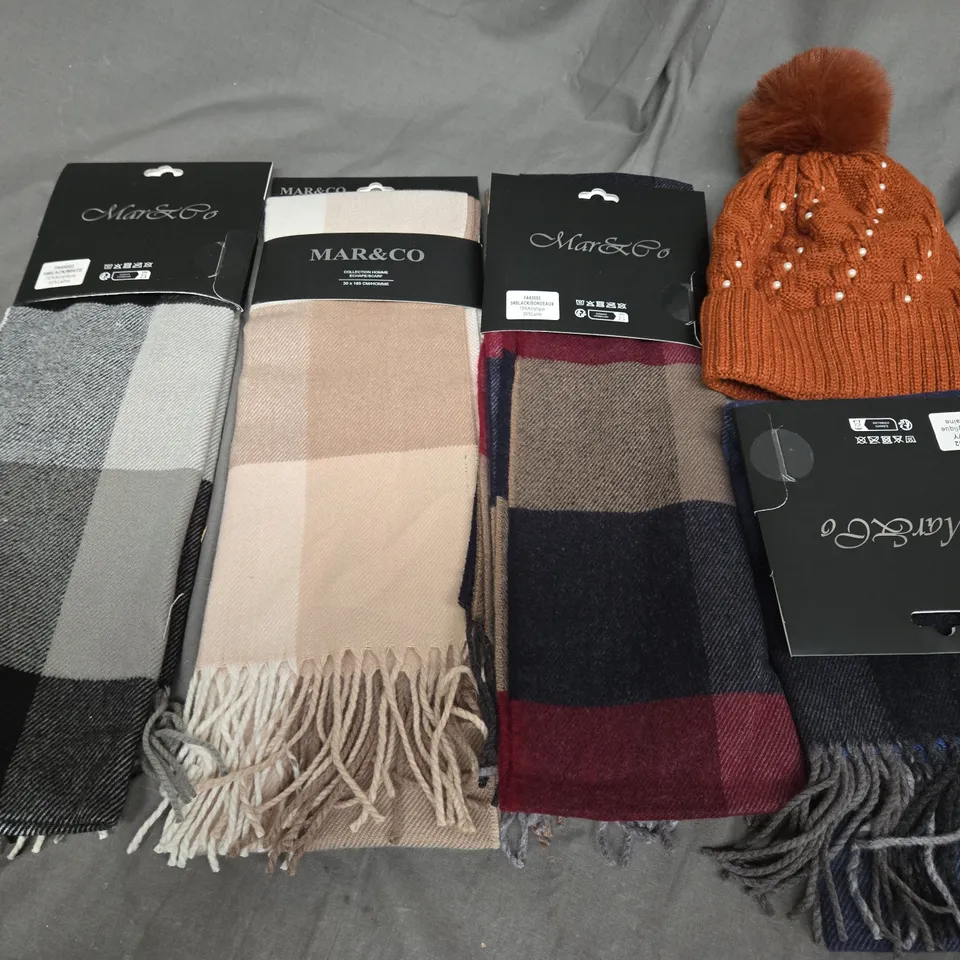 BOX OF APPOXIMATELY 30 ASSORTED ITEMS TO INCLUDE - MAR&CO BLUE SCARF , MAR&CO BEIGE SCARF , ORANGE BEANIE ETC - COLLECTION ONLY