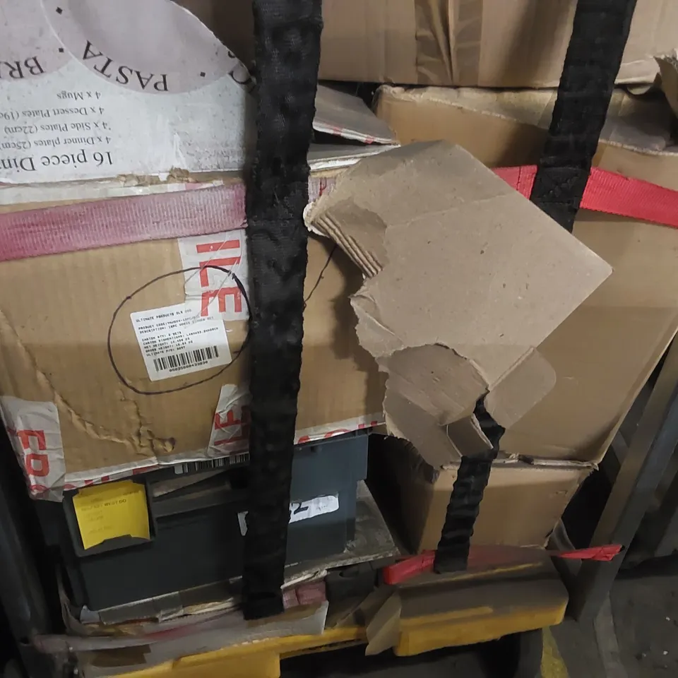 CAGE CONTAINING ASSORTED CATERING EQUIPMENT PARTS/TOOLS AND OTHER ASSORTED ITEMS INCLUDING: SPEAR & JACKSON PITCHFORK, DINNERWARE SET ECT (CAGE NOT INCLUDED)