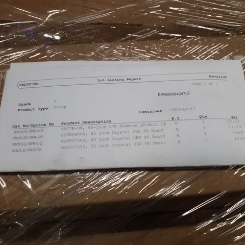 PALLET OF FIVE ASSORTED WAREHOUSE DAMAGED TV'S TO INCLUDE;