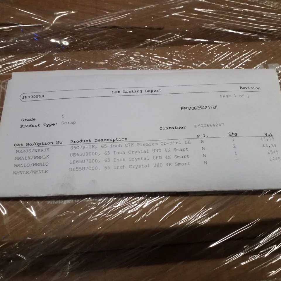 PALLET OF FIVE ASSORTED WAREHOUSE DAMAGED TV'S TO INCLUDE;