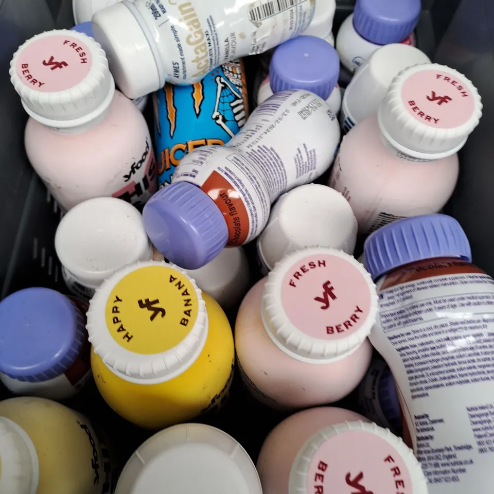 BOX OF APPROXIMATELY 15 ITEMS TO INCLUDE YGOOD BANANA, MONSTER ENERGY, YFOOD BERRY ETC