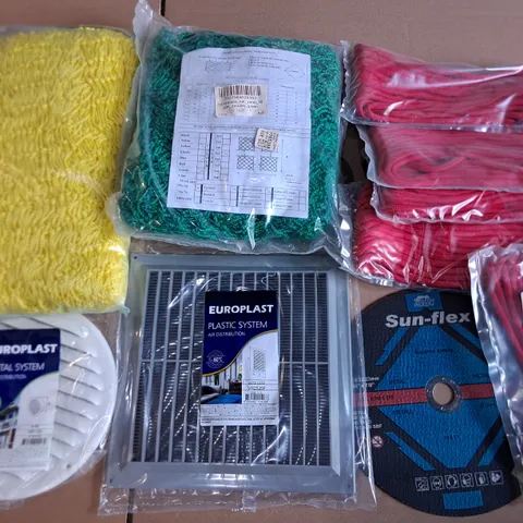 PALLET OF ASSORTED HOUSEHOLD ITEMS TO INCLUDE VENTILATION COVERS, CUTTING DISCS AND GREEN NETTING