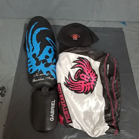 BOX OF ASSORTED MMA ITEMS TO INCLUDE SHIN GUARDS, SHORTS AND CAPS