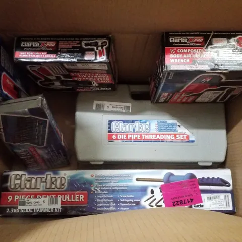 BOX CONTAINING 6 ASSORTED PRODUCTS INCLUDING 1/2" COMPOSITE BODY AIR IMPACT WRENCH, 9 PIECE DENT PULLER & 6 DIE PIPE THREADING SET