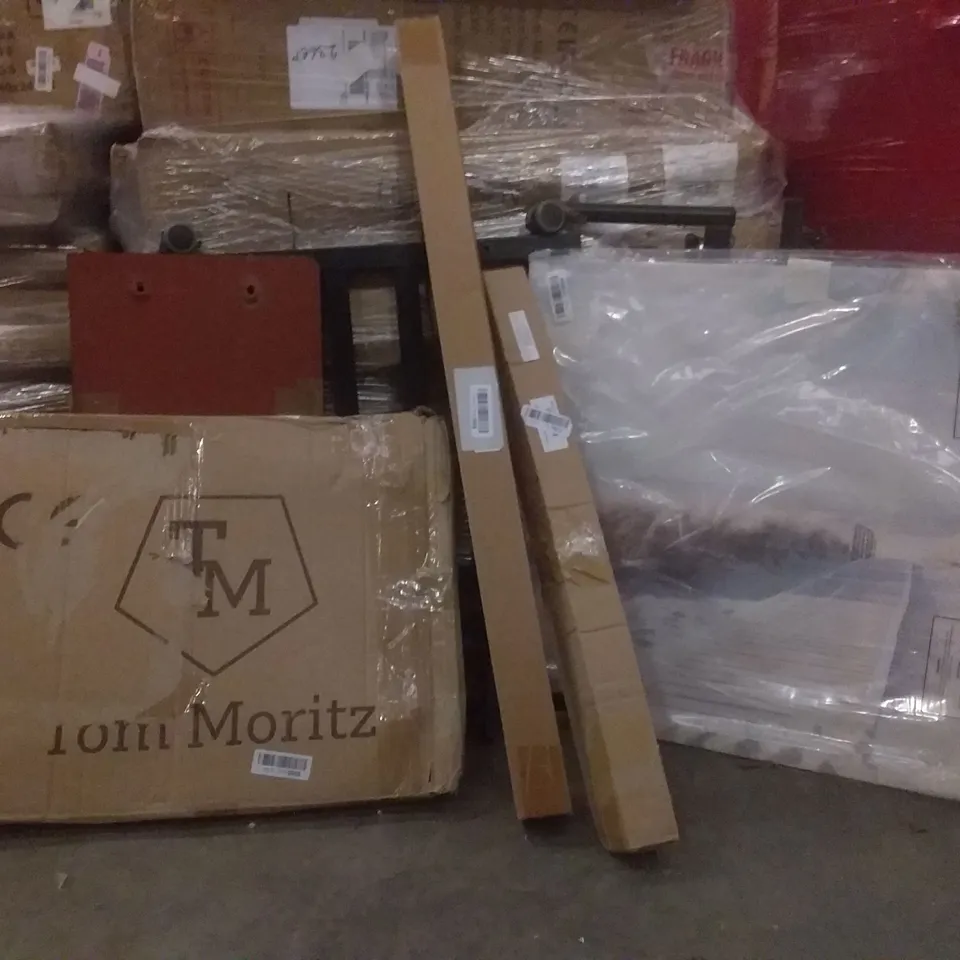 PALLET OF ASSORTED ITEMS INCLUDING MINI FRIDGE , AIR COOLER , WISPA CADBURY EASTER EGGS , PVC BACKDROP,  THERMOSTATIC ROUND SHOWER KIT 