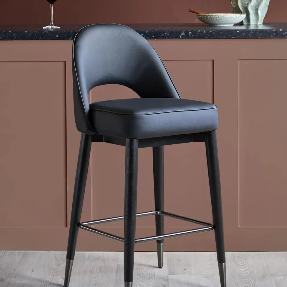 BOXED CLOVER BLACK WOOD WITH BLACK STEEL CAPS BAR STOOL - BLACK DUROSOFT TOUCH FAUX LEATHER