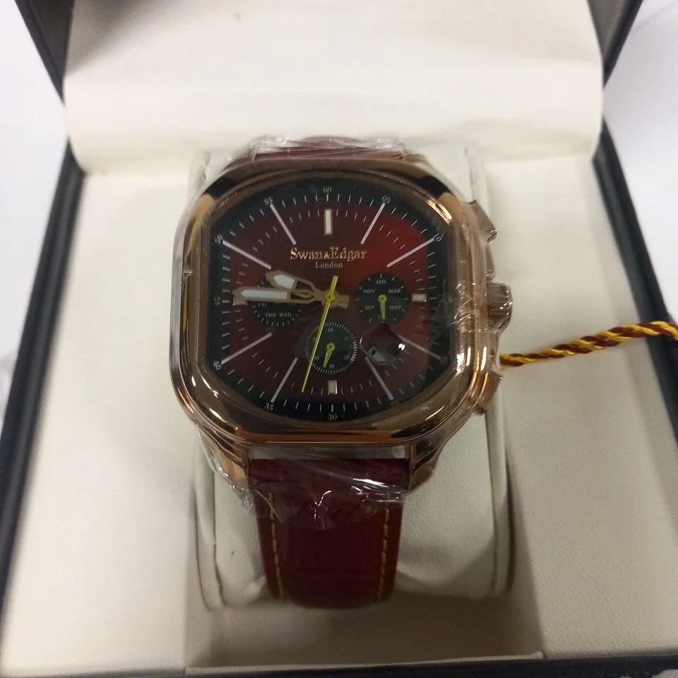 BOXED SWAN & EDGAR WRIST WATCH WITH RED LEATHER STRAP, GOLD CASE AND RED FACE