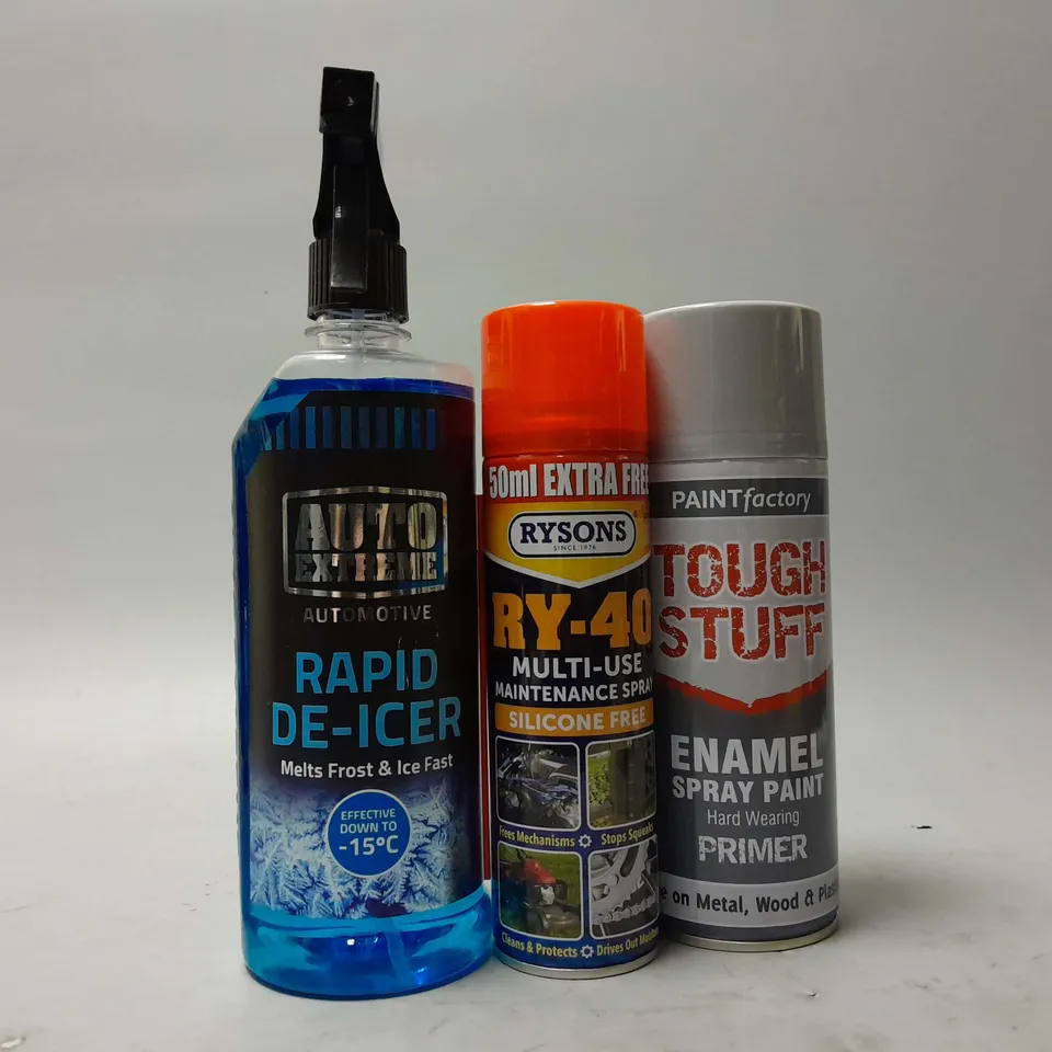 APPROXIMATELY 20 AEROSOLS AND SPAYS TO INCLUDE PAINTFACTORY TOUGH STUFF ENAMEL SPRAY PAINT PRIMER, RYSONS RY-40 MULTI-USE MAINENANCE SPRAY, AUTO EXTREME RAPID DE-ICER, ETC - COLLECTION ONLY
